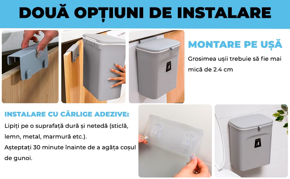 Coș de gunoi bucătărie 9L cu capac, montaj pe blat sau sub chiuvetă, alb