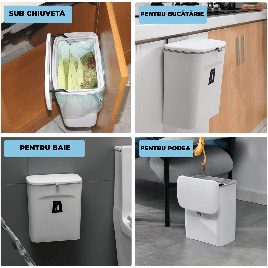 Coș de gunoi bucătărie 9L cu capac, montaj pe blat sau sub chiuvetă, alb
