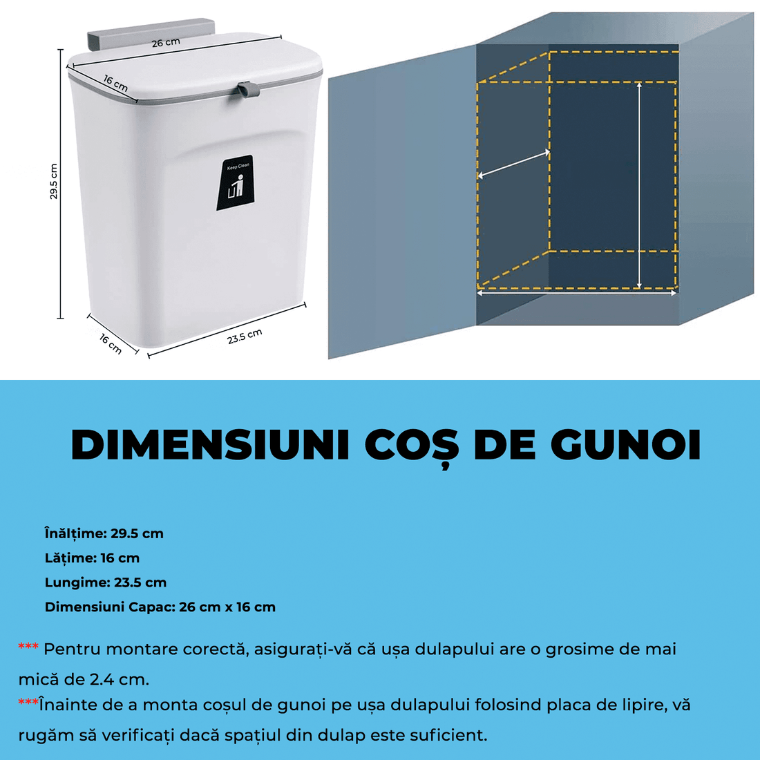 Coș de gunoi bucătărie 9L cu capac, montaj pe blat sau sub chiuvetă, alb