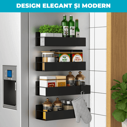 Set 4 rafturi magnetice organizatoare, depozitare condimente, frigider, negru
