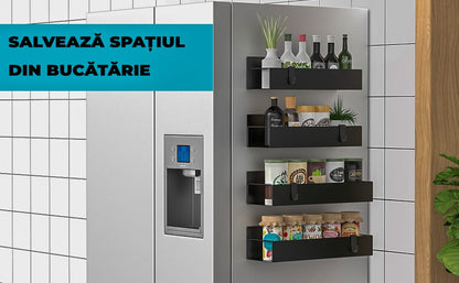 Set 4 rafturi magnetice organizatoare, depozitare condimente, frigider, negru