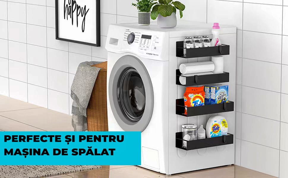 Set 4 rafturi magnetice organizatoare, depozitare condimente, frigider, negru