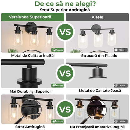 Plafonieră vintage 3 capete, cadru metalic, sticlă, soclu ceramic, negru mat