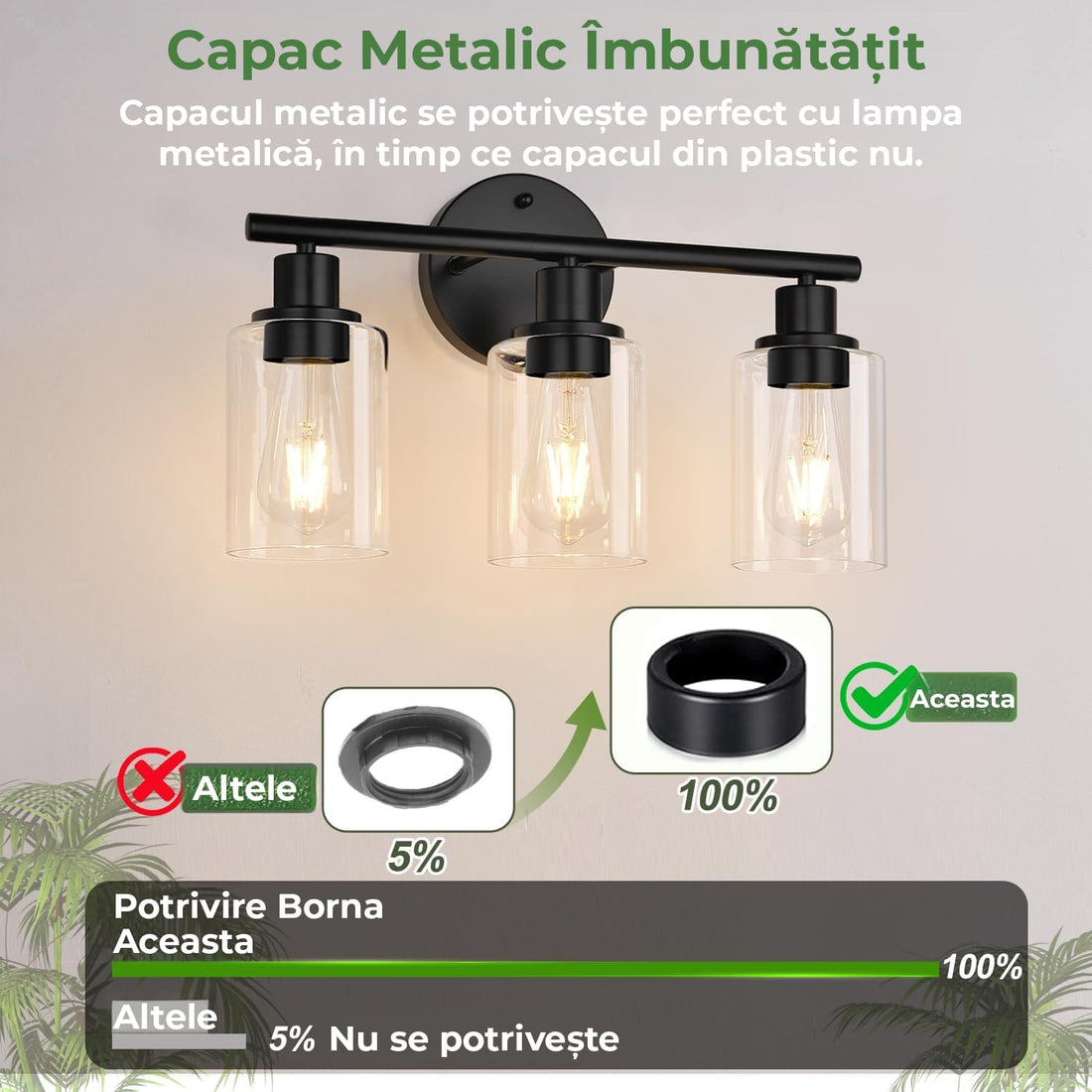 Plafonieră vintage 3 capete, cadru metalic, sticlă, soclu ceramic, negru mat