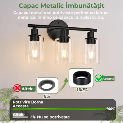 Plafonieră vintage 3 capete, cadru metalic, sticlă, soclu ceramic, negru mat