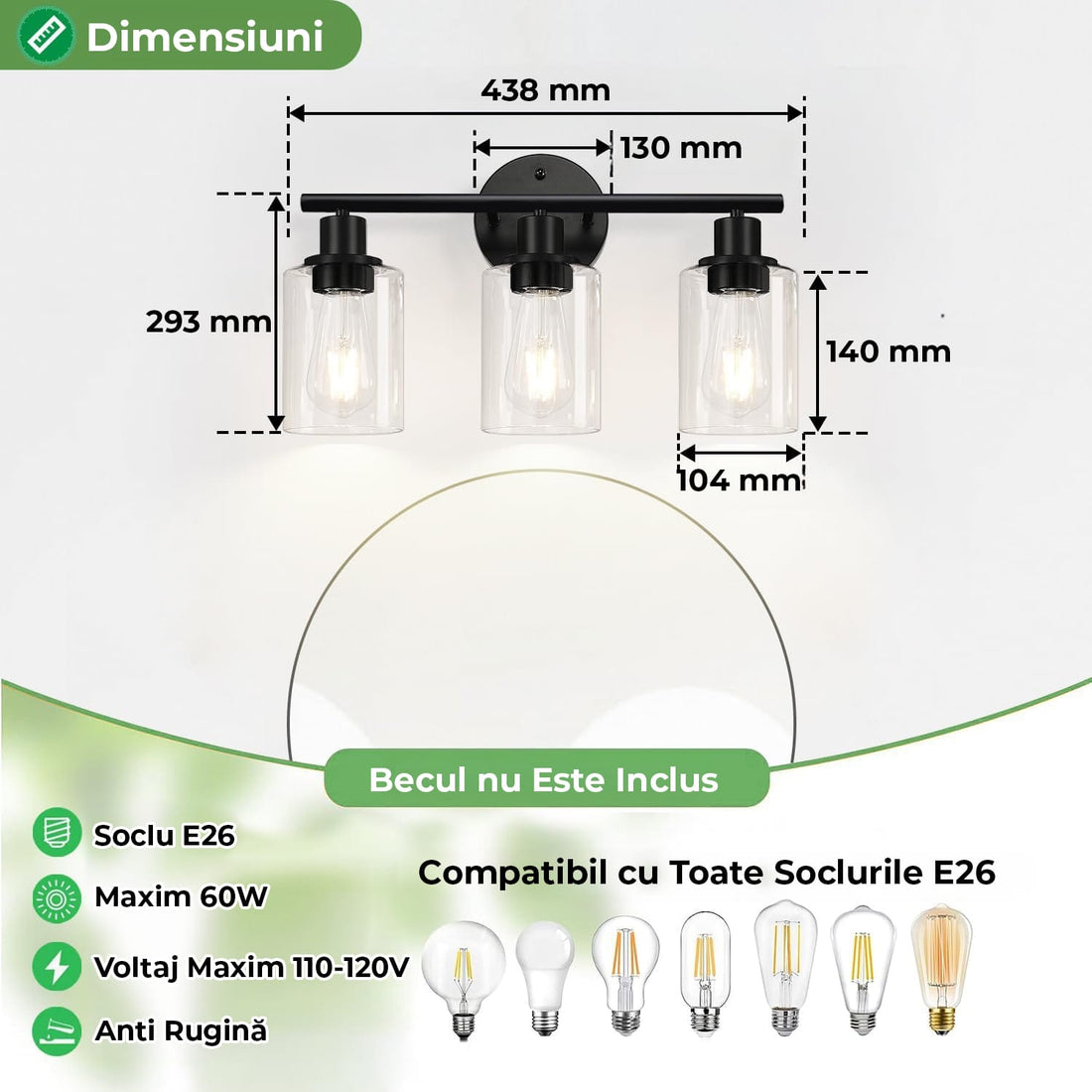 Plafonieră vintage 3 capete, cadru metalic, sticlă, soclu ceramic, negru mat