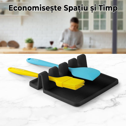 Suport ustensile bucătărie din silicon, 4 compartimente, anti-alunecare, negru