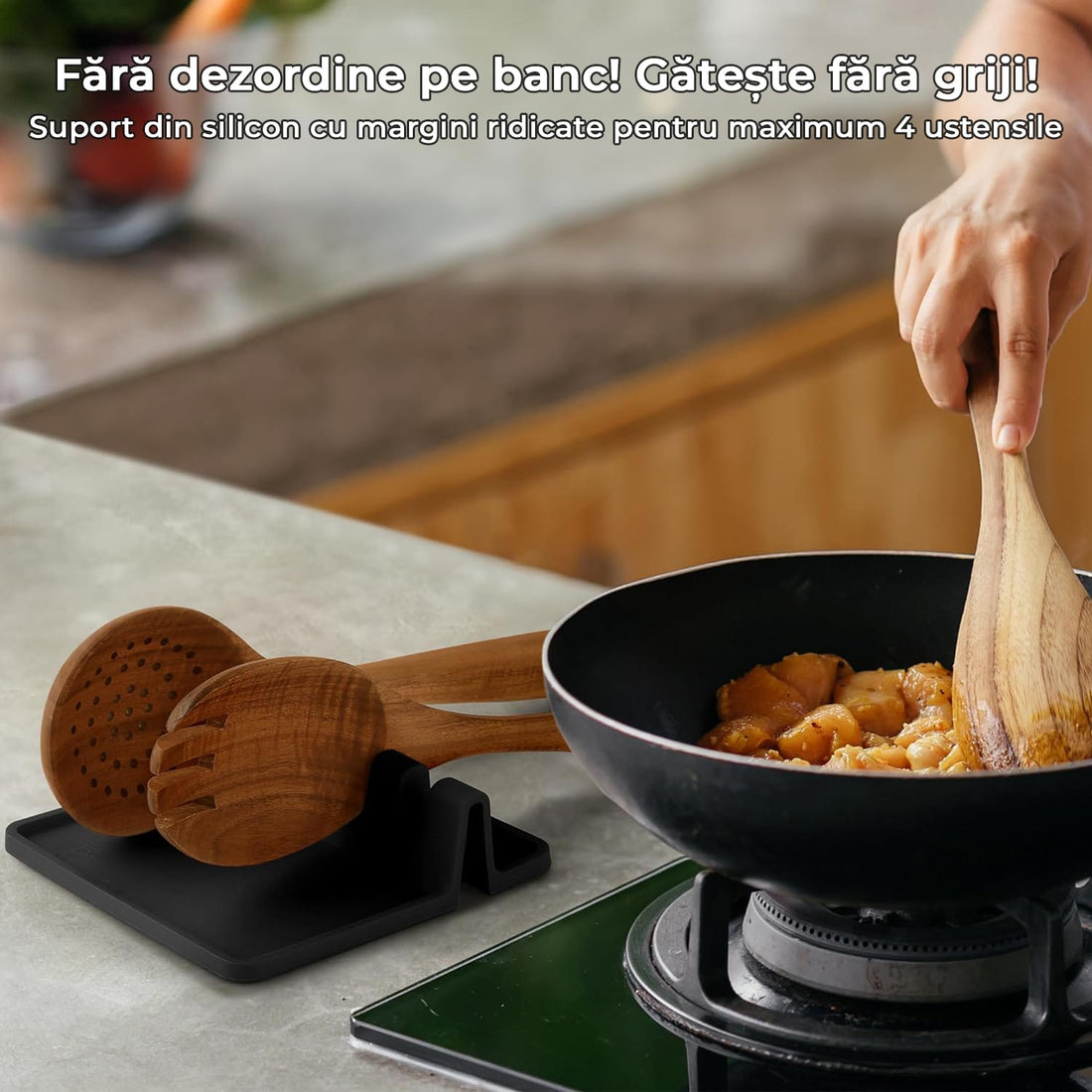 Suport ustensile bucătărie din silicon, 4 compartimente, anti-alunecare, negru