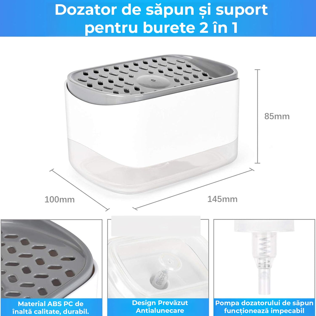 Dispenser 2 în 1 detergent lichid, suport burete, rezervor 350 ml, alb