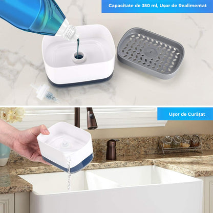 Dispenser 2 în 1 detergent lichid, suport burete, rezervor 350 ml, alb