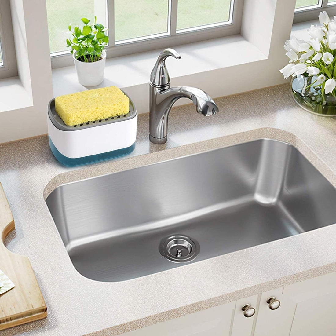 Dispenser 2 în 1 detergent lichid, suport burete, rezervor 350 ml, alb