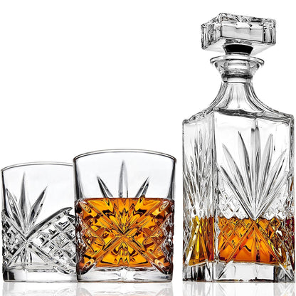 Set Decantor Whiskey, 750 ml, cu 2 Pahare, Design Clasic, Potrivit pentru Whisky, Scotch, Bourbon, Coniac, Vin, Transparent