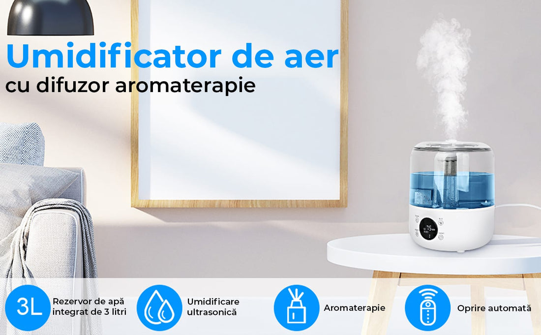 Umidificator aer 3L, Difuzor Aromaterapie, Oprire Automata, 3 Moduri, Alb