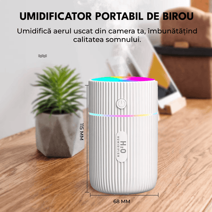 Mini Umidificator De Aer Cu Difuzor Aromaterapie Si Lumini LED, Portabil, USB, Rezervor 215 ml, 2 Moduri De Functionare, Lumini De Noapte, Umidificator De Camera Si Masina Auto, Alb