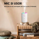 Mini Umidificator De Aer Cu Difuzor Aromaterapie Si Lumini LED, Portabil, USB, Rezervor 215 ml, 2 Moduri De Functionare, Lumini De Noapte, Umidificator De Camera Si Masina Auto, Alb