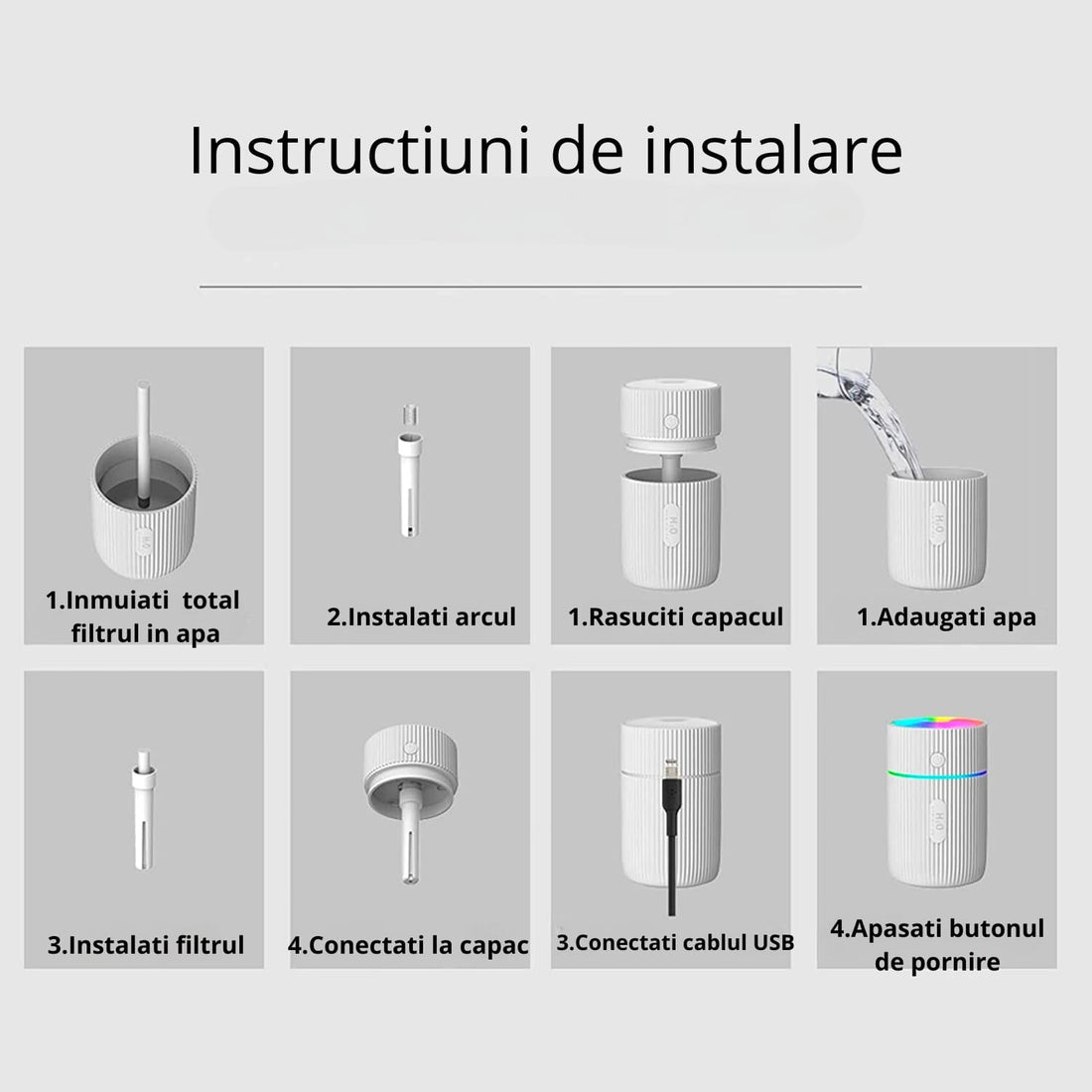 Mini Umidificator De Aer Cu Difuzor Aromaterapie Si Lumini LED, Portabil, USB, Rezervor 215 ml, 2 Moduri De Functionare, Lumini De Noapte, Umidificator De Camera Si Masina Auto, Alb