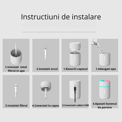 Mini Umidificator De Aer Cu Difuzor Aromaterapie Si Lumini LED, Portabil, USB, Rezervor 215 ml, 2 Moduri De Functionare, Lumini De Noapte, Umidificator De Camera Si Masina Auto, Alb