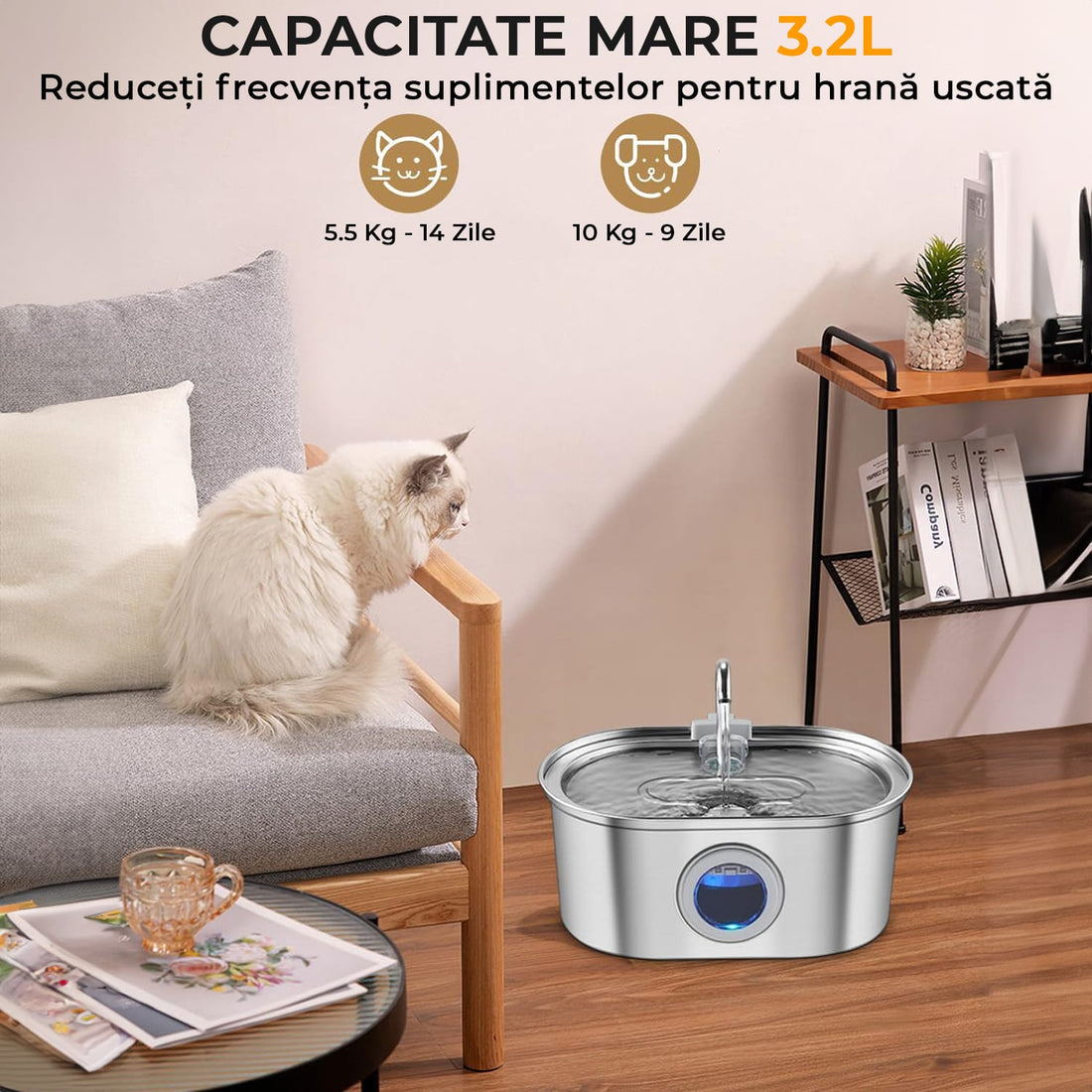 Dispenser automat apă 3.2L, oțel inoxidabil, sistem filtrare, ultra-silențios, argintiu