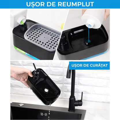 Dispenser 3 în 1 detergent lichid, suport burete, rezervor 385 ml, negru