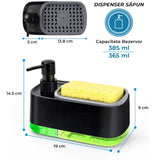 Dispenser 3 în 1 detergent lichid, suport burete, rezervor 385 ml, negru