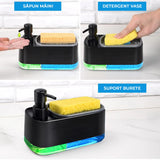 Dispenser 3 în 1 detergent lichid, suport burete, rezervor 385 ml, negru