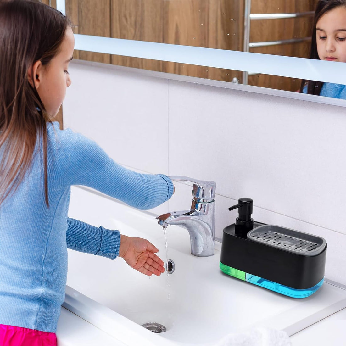 Dispenser 3 în 1 detergent lichid, suport burete, rezervor 385 ml, negru