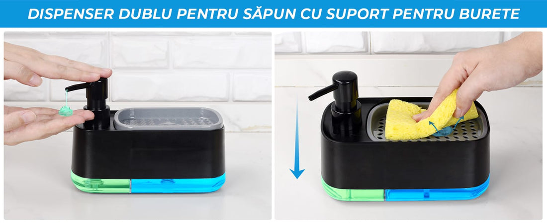 Dispenser 3 în 1 detergent lichid, suport burete, rezervor 385 ml, negru