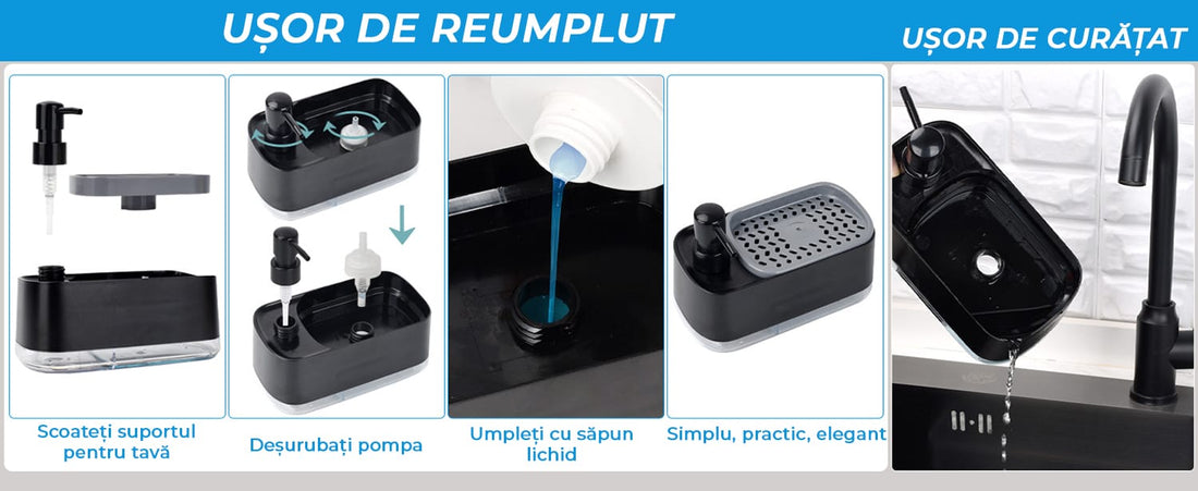 Dispenser 3 în 1 detergent lichid, suport burete, rezervor 385 ml, negru