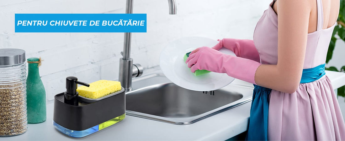 Dispenser 3 în 1 detergent lichid, suport burete, rezervor 385 ml, negru