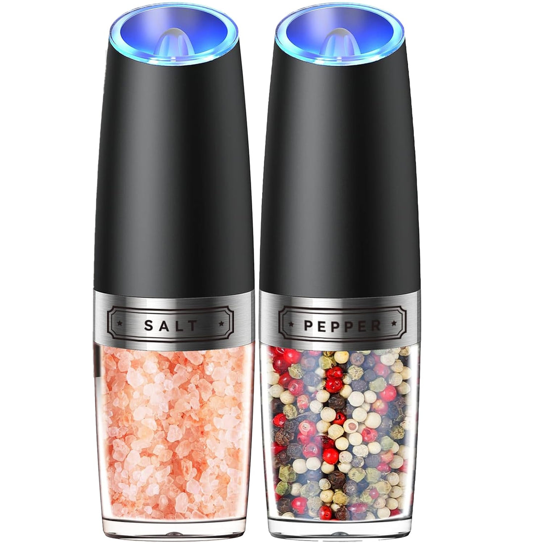 Rășniță sare și piper Elindor®, LED încorporat, senzor gravitational, negru