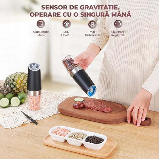Set râșnițe electrice sare și piper, reglaj grosime, LED, senzor gravitațional, negru