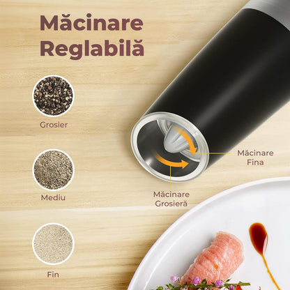 Rășniță sare și piper Elindor®, LED încorporat, senzor gravitational, negru