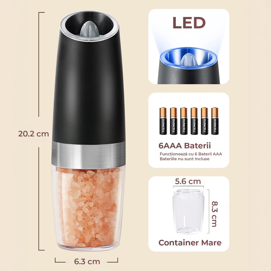 Set râșnițe electrice sare și piper, reglaj grosime, LED, senzor gravitațional, negru