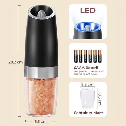 Set râșnițe electrice sare și piper, reglaj grosime, LED, senzor gravitațional, negru