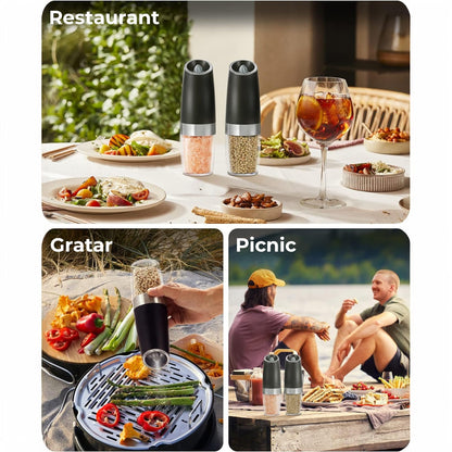 Rășniță sare și piper Elindor®, LED încorporat, senzor gravitational, negru