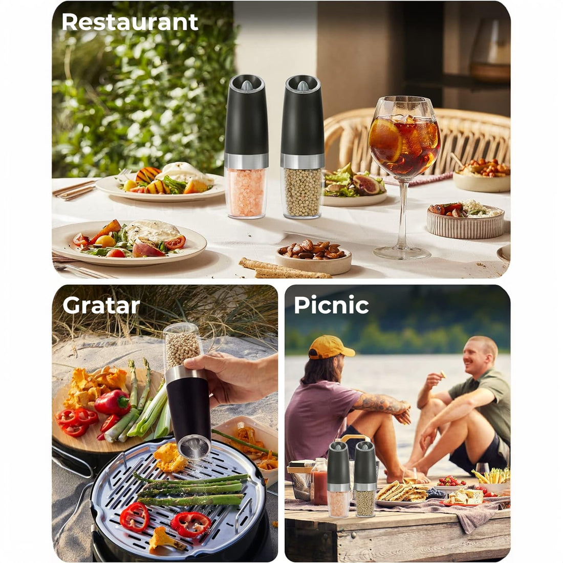 Set râșnițe electrice sare și piper, reglaj grosime, LED, senzor gravitațional, negru