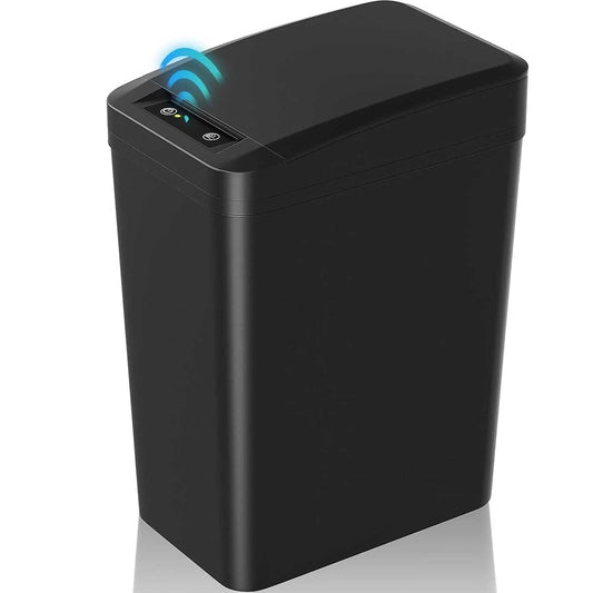Cos de Gunoi Inteligent cu Senzor de Miscare Infrarosu si Buton de Deschidere Automata, 8.3 L, Capac Cu Etans Antimiros si Suport pentru Sacul de Gunoi, Compact, pentru Dormitor, Oficiu, Baie, Sufragerie, Bucatarie, Rezistent la Apa, Negru