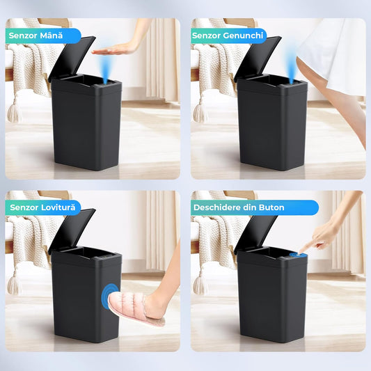 Cos de Gunoi Inteligent cu Senzor de Miscare Infrarosu si Buton de Deschidere Automata, 8.3 L, Capac Cu Etans Antimiros si Suport pentru Sacul de Gunoi, Compact, pentru Dormitor, Oficiu, Baie, Sufragerie, Bucatarie, Rezistent la Apa, Negru