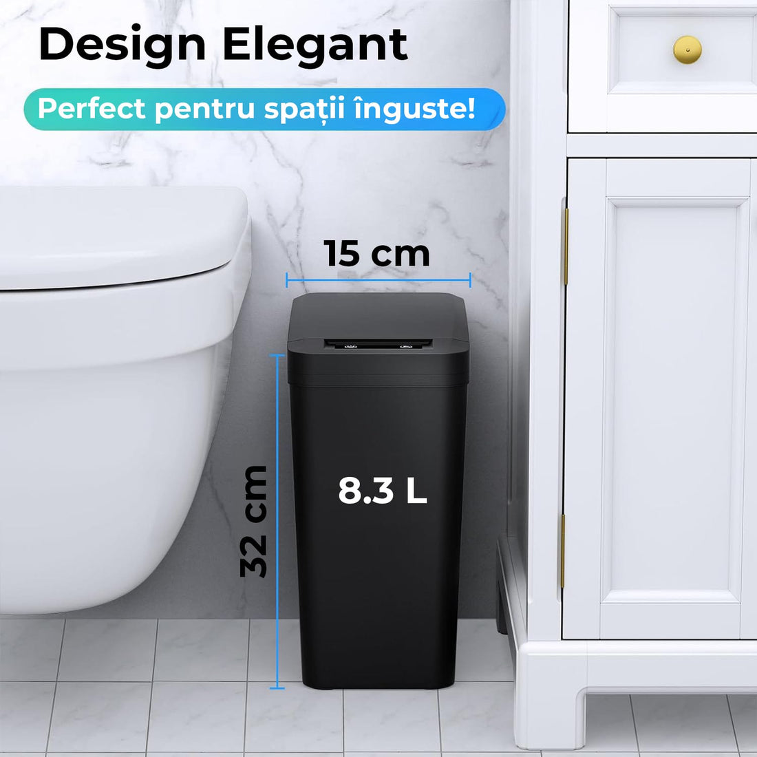 Cos de Gunoi Inteligent cu Senzor de Miscare Infrarosu si Buton de Deschidere Automata, 8.3 L, Capac Cu Etans Antimiros si Suport pentru Sacul de Gunoi, Compact, pentru Dormitor, Oficiu, Baie, Sufragerie, Bucatarie, Rezistent la Apa, Negru
