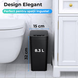 Cos de Gunoi Inteligent cu Senzor de Miscare Infrarosu si Buton de Deschidere Automata, 8.3 L, Capac Cu Etans Antimiros si Suport pentru Sacul de Gunoi, Compact, pentru Dormitor, Oficiu, Baie, Sufragerie, Bucatarie, Rezistent la Apa, Negru