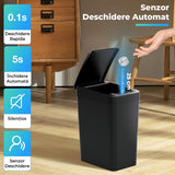 Cos de Gunoi Inteligent cu Senzor de Miscare Infrarosu si Buton de Deschidere Automata, 8.3 L, Capac Cu Etans Antimiros si Suport pentru Sacul de Gunoi, Compact, pentru Dormitor, Oficiu, Baie, Sufragerie, Bucatarie, Rezistent la Apa, Negru