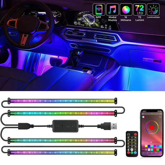 Kit Iluminare Ambientala Auto, Banda LED RGB cu Aplicatie si Telecomanda, Design 2 in 1, 4 Benzi cu Sincronizare Muzica, 72 LED-uri, 16 Milioane Culori, 7 Scenarii, Lumini Personalizabile, 12V