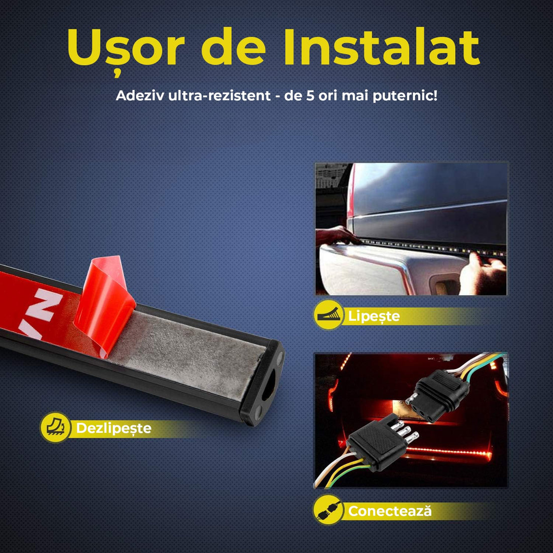 Banda de Lumini LED pentru Masina, Montaj Exterior, Pentru Hayon, cu 5 Moduri de Functionare Sincronizate cu Comenzile Masinii, Rezistent la Apa IP67, 264 LED-uri in Doua Randuri, Potrivit la Orice Conditii de Mediu