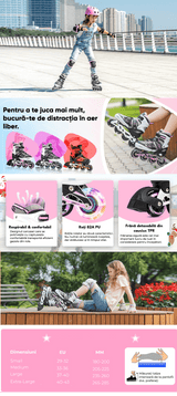 Role reglabile pentru copii si adulti, roti luminoase din silicon, 4 roti in linie, rulmenti ABEC-7, Aluminiu/poliuretan, PM01 marimea L 37-39, alb/roz