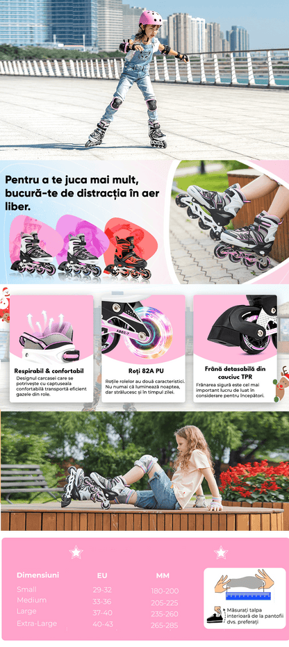 Role reglabile pentru copii si adulti, roti luminoase din silicon, 4 roti in linie, rulmenti ABEC-7, Aluminiu/poliuretan, PM01 marimea L 37-39, alb/roz