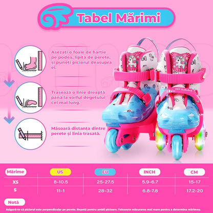 Role copii reglabile, 4 roți luminoase, stabilitate triunghi, model unicorn, mărime XS, roz