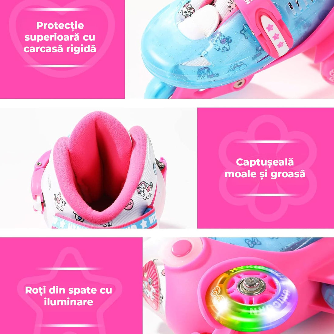 Role copii reglabile, 4 roți luminoase, stabilitate triunghi, model unicorn, mărime S, roz