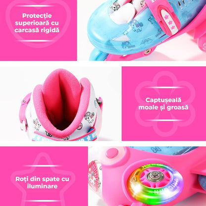 Role copii reglabile, 4 roți luminoase, stabilitate triunghi, model unicorn, mărime S, roz