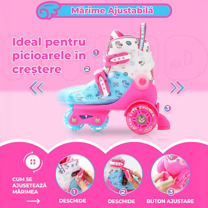 Role copii reglabile, 4 roți luminoase, stabilitate triunghi, model unicorn, mărime S, roz