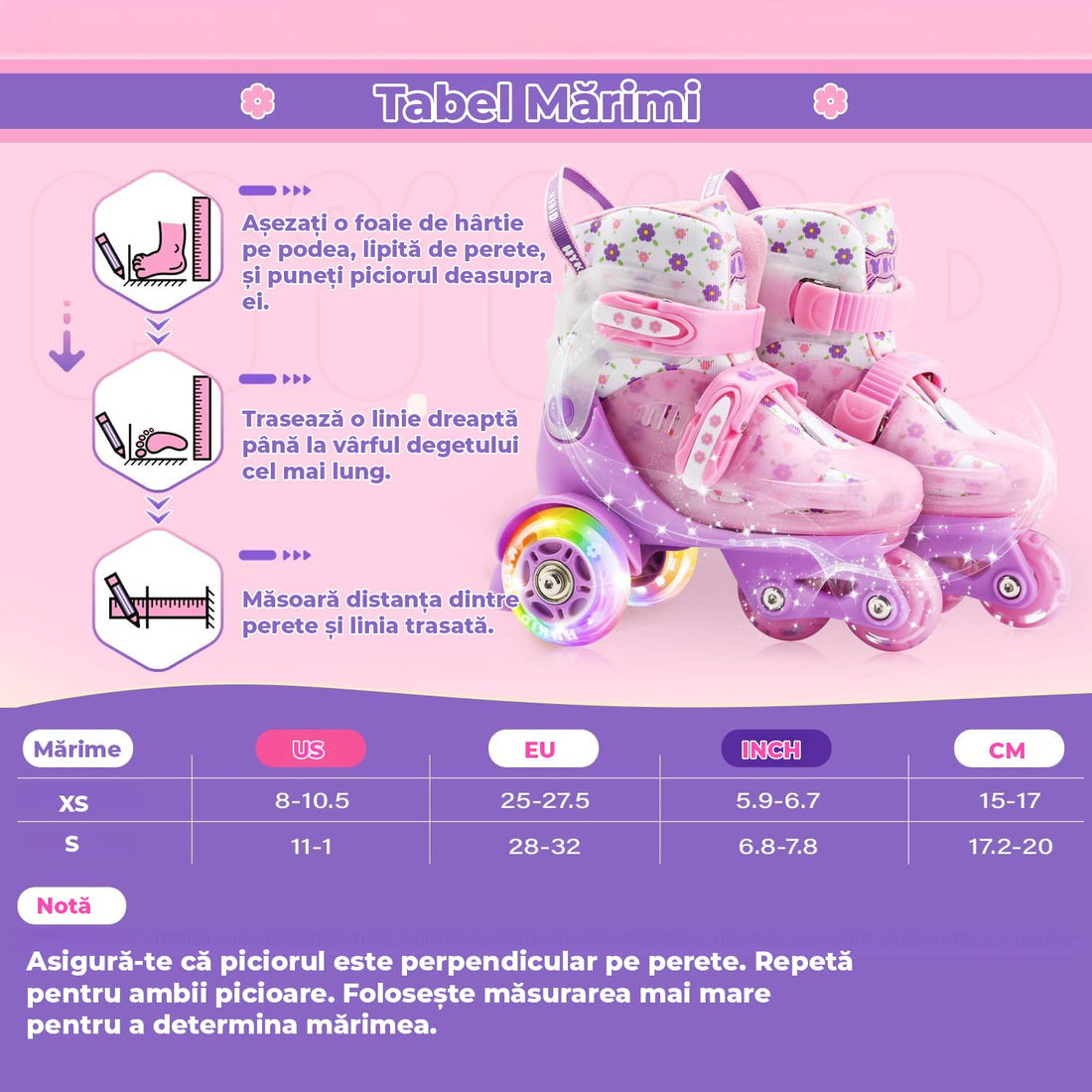 Role Reglabile pentru Copii, Platforma Triunghi pentru Stabilitate, Roti Luminoase din Silicon, 4 Roti, Pentru Incepatori, Model Viola, Marime XS, Roz